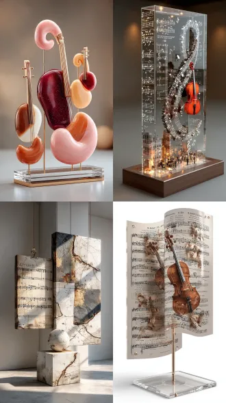 现代艺术展台，极简笔触与优美线条，透明亚克力方形底座，装饰音符与五线谱的亚克力背景板，高品质极简风格，立体建筑感，广角镜头，明亮灯光，雕塑般外观，温暖莫兰迪色调，柔和阴影，几何构图，抽象艺术，优雅流畅，中性背景，高细节，哑光质感，视觉平衡，艺术感。