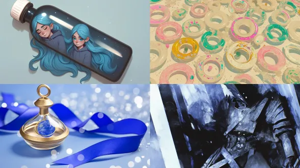 the earth and the moon float in a baby bottle, suspended in the cosmos. miniature landscape with layers, sci-fi blues, close-up shots with a wide aperture, background blurred with nebula spots, the bottle wall refracting mysterious cold light, planets slowly rotating with particles floating, high detail 3d rendering, cyberpunk texture, a blend of futuristic and childlike charm, profound and serene.