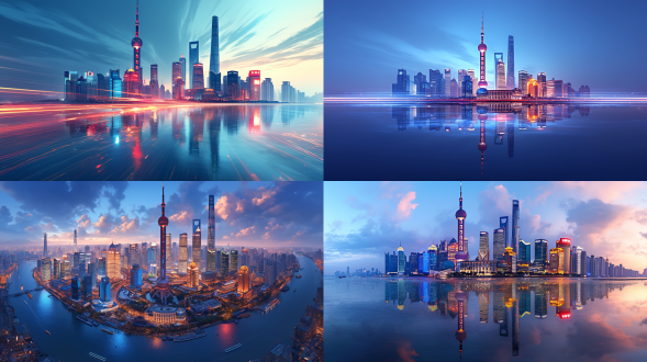 "上海城市天际线，现代摩天大楼与东方明珠塔，黄昏时分，蓝金色调，长曝光，霓虹灯光反射在黄浦江上，低角度拍摄，超广角镜头，动态云层，车流光轨，城市繁华感，未来主义风格，高动态范围，清晰细节，建筑线条对称，冷色调与暖色灯光对比，宁静而充满活力。"