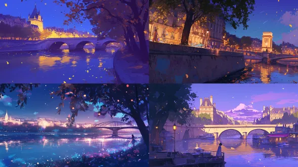 "塞纳河夜景，湖面萤火虫流动，星光闪烁，花香树影，紫色基调，手绘涂鸦，独特风格，细腻笔触，柔光，梦幻氛围，宁静美感，广角镜头，长曝光，慢门，低角度，冷色调与紫色互补，微光反射，水面波纹，远处桥影，浪漫情绪，写实与艺术结合，轻柔微风，人物背影，宽松长裙，飘逸剪影，优雅静谧。"
