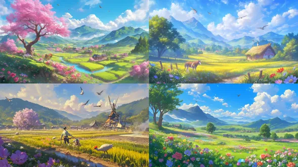 in spring, the countryside is lush with greenery, the mountains are verdant, peonies are in full bloom, bees and butterflies are dancing, birds are singing, and spring thunder is ringing. farmers sow and cultivate, thriving. the grain rain season chart showcases the beauty of spring and the busyness of farming. high definition, high quality.