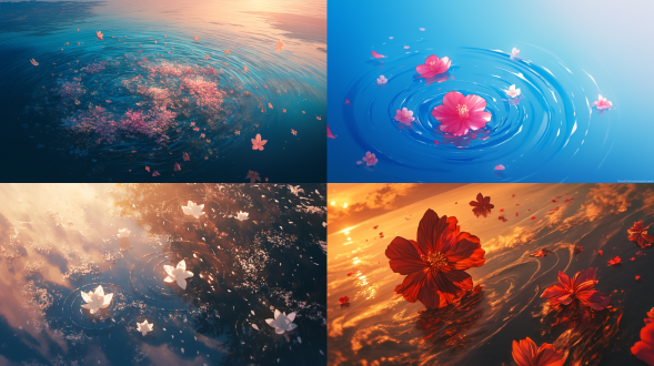 several flowers scattered and gently floating on the calm water, resembling musical notes in a rhythmic dance. the s-shaped composition, aerial perspective, interplay of light and shadow, and contrast of colors all culminate in a harmonious symphony, reminiscent of an hdr image.