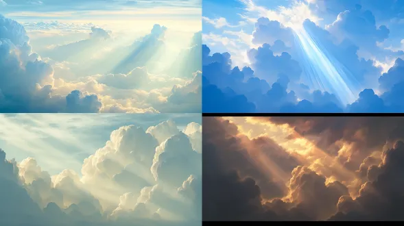 landscape photography, capturing a wide-angle view of the sky filled with a vast expanse of white clouds. amidst the clouds, a bright shaft of light beams down from above, illuminating the scene with a celestial glow. the contrast between the soft, billowing clouds and the radiant light creates a captivating and ethereal atmosphere. shot in a 16:9 aspect ratio to emphasize the expansive nature of the sky, inviting viewers to marvel at the beauty and wonder of the heavens above.