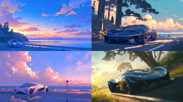 the dusk sun shines on the seaside road, and a streamlined electric car runs smoothly on the open road. its smooth body reflects the sunset on the horizon, and the subtle wind accompanies it elegantly. on one side of the road is the dense forest, and on the other side is the invincible sea view.