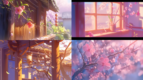 take a picture. in the close shot, the peach blossom is peeped out from the wall. there are dew on the peach blossom petals, jiangnan scenery, traditional buildings, soft light, macro lens, static, delicate, natural color, warm.