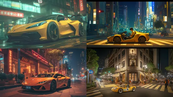 夜晚10点，漆黑的夜晚，黄色路特斯行驶在深圳街道，城市道路，红绿灯，车流，人行道，暖色调，索尼高性能相机，广角镜头，侧光，快速快门，干净画面，无噪点，8k，细节丰富，杰作。