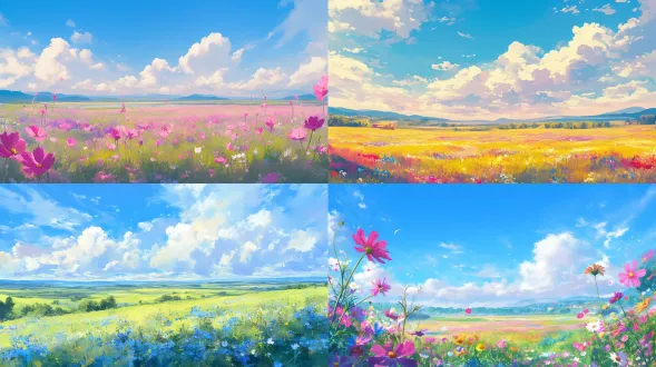 大片花海，远景，蓝天白云，广阔视野，自然光，柔和色彩，长焦镜头，宁静，田园风光，细腻笔触，和谐。8k画质