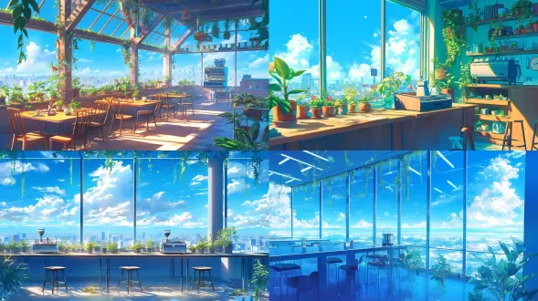 蓝天白云下的大长桌，绿植环绕，咖啡机细节清晰，自然光，宽敞明亮，广角镜头，高分辨率，清新色调，宁静氛围。8k分辨率