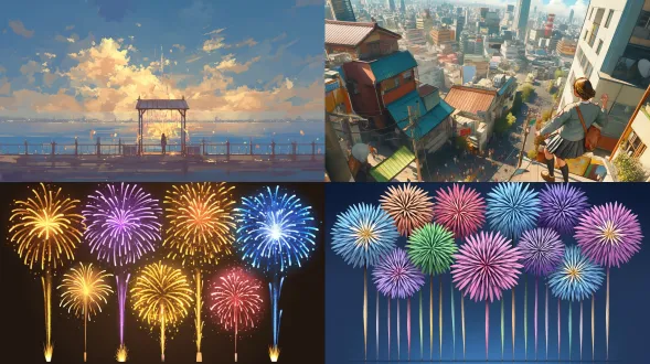 烟花照亮夜空，现代风格场景，中心构图，喜庆氛围，冷色调，长焦镜头，仰拍，绽放，希望，快乐。 8k分辨率