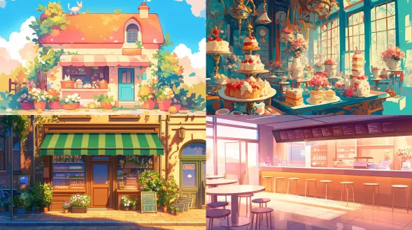 背景，甜甜的，颜色亮丽，黄蓝粉，一家蛋糕，高清无损8k，风景