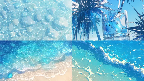 can design, summer beach, fresh blue tone, creative pattern, sunlight reflection, macro lens, high saturation, rich in detail, cool touch, vibrant, sound of waves, beach elements, refreshing taste.