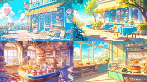 背景，甜甜的，颜色亮丽，黄蓝粉，一家蛋糕，高清无损4k，风景