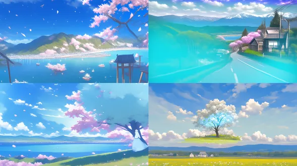 in the winding mountain roads of the cloudy edge town, cherry blossoms stretch out in a continuous line. against the backdrop of the seaside, there's a clear blue sea, white clouds, and distant mountains. scattered houses bask in bright sunshine on a clear day, with a miyazaki-style fairy-tale atmosphere. the wide-angle lens captures soft light and warm tones, with delicate brushstrokes and vibrant, high-saturation colors. a gentle breeze blows, causing cherry blossoms to fall, evoking a nostalgic feeling with low contrast and rich layers. the scene is full of vitality, natural harmony, tranquility, and serenity, resembling a dream. the animation texture has soft shadows, bright and cheerful, offering a fairy-tale-like healing effect.