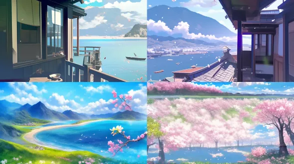 in the winding mountain roads of the cloudy edge town, cherry blossoms stretch out in a continuous line. against the backdrop of the seaside, there's a clear blue sea, white clouds, and distant mountains. scattered houses bask in bright sunshine on a clear day, with a miyazaki-style fairy-tale atmosphere. the wide-angle lens captures soft light and warm tones, with delicate brushstrokes and vibrant, high-saturation colors. a gentle breeze blows, causing cherry blossoms to fall, evoking a nostalgic feeling with low contrast and rich layers. the scene is full of vitality, natural harmony, tranquility, and serenity, resembling a dream. the animation texture has soft shadows, bright and cheerful, offering a fairy-tale-like healing effect.