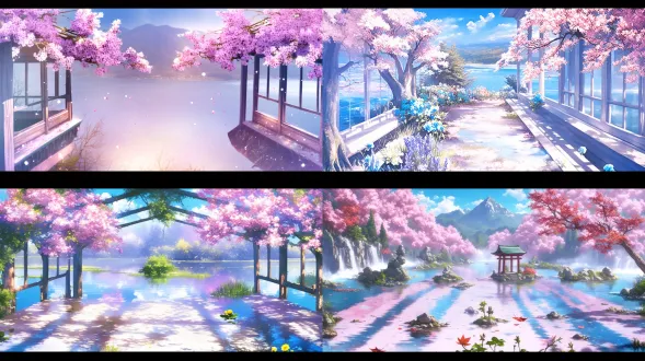 湖泊景色，8k画质，景深镜头，丰富色彩，细腻纹理，唯美特写，明暗对比，鲜花枫树，阳光逆光，浪漫宁静，湖水倒影，清澈透亮，和煦温暖。