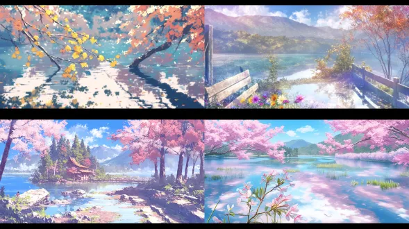 湖泊景色，8k画质，景深镜头，丰富色彩，细腻纹理，唯美特写，明暗对比，鲜花枫树，阳光逆光，浪漫宁静，湖水倒影，清澈透亮，和煦温暖。