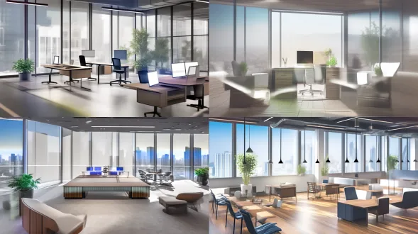 "书房内部设计，红木墙壁与胡桃木大书桌，大窗户引入自然光，浅色调，植物点缀，现代家具与古典风格融合，对称构图，柔和阴影，广角镜头，高细节，温暖氛围，宁静感，木质纹理，通透空间，中性色调，均衡布局。"