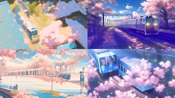 3d，广角，航拍俯拍，泡泡玛特，厚涂，插画海报，低饱和度，开往春天的火车，蓝白色的和谐号名古屋2200系特急电车驶入，周围是粉色的樱花，蔓延向远方的铁轨，梦幻，浪漫，春天