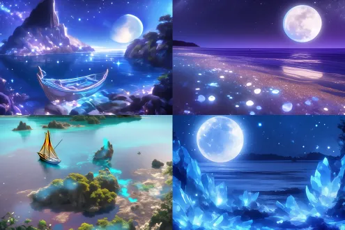 pale blue beach covered with colorful glowing stones, a boat in the distance, fluorescent ocean, moonlight, and sparkling stars,, 3d, super wide view, aerial view, moonlight on a sea of twinkling stars, reflections, cg social topics, volumetric light, space art, bioluminescence, unreal engine 5, the magic of lights, presented in unreality engine, super wide view, top view view (s), superwide angle, 8k