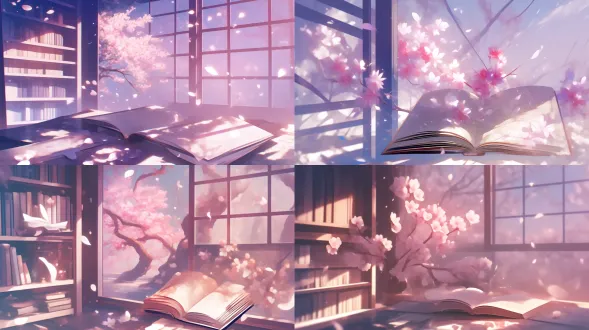 翻开的一本书，升腾起炫彩的光线，一朵桃花，水珠儿晶莹剔透。背景干净清透。