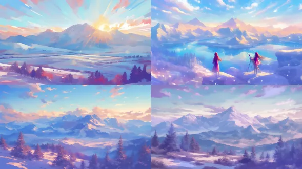 一幅冬至有关的插图，动漫美学风格封面，光线的现实主义描绘，精致的幻想世界，数字绘画，莫兰迪色，互补色配色 超级高分辨率 大文件 风景