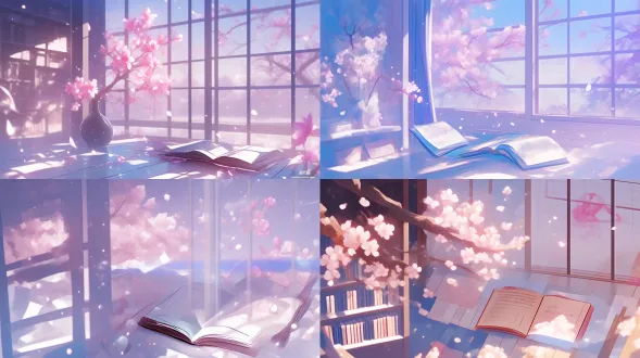 翻开的一本书，升腾起炫彩的光线，一朵桃花，水珠儿晶莹剔透。背景干净清透。