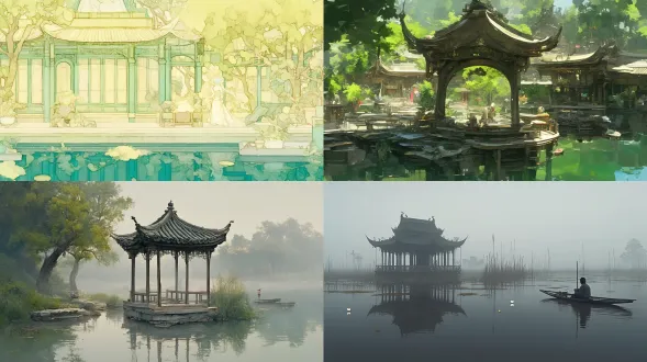 江南烟雨，楼阁朦胧，绿色主调，水墨风格，长焦镜头，低饱和，柔光，远景，静谧，诗意。