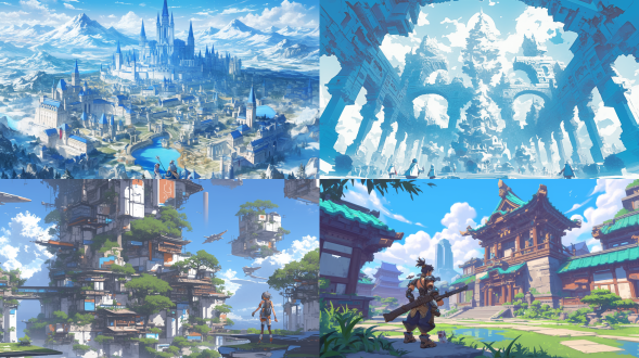 天上的圣城，整体画面色彩明快，氛围很圣洁，远处有云彩，