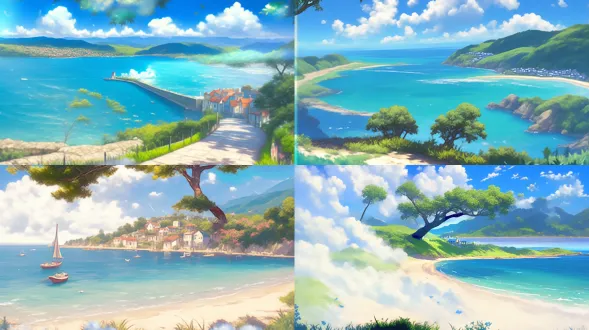 海边小路延伸至小集镇，大树笼罩小屋，树荫下视角，阳光透过树叶斑驳洒落，碧蓝大海与白云，明媚阳光，茂盛植被，吉卜力风格，细腻笔触，明亮色彩，广角镜头，治愈氛围，高对比度，层次丰富，惊艳细节，自然和谐，4k画质。