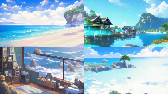 逼真超细节渲染风格，湛蓝色调的海景，小屋，悬崖，美丽画面，广角电影镜头，日本动漫电影，逼真油画，明亮色调，细致纹理，柔和光线，温暖氛围，宁静，愉悦。远景图，冷色调，大气磅礴，震撼视觉效果