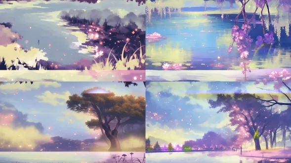 塞纳河夜景，湖面流萤，星空点点，花香树影，紫色主调，手绘涂鸦，奇域风格，细腻笔触，柔和光线，梦幻氛围，宁静美感。紫色主调，手绘涂鸦，奇域风格，细腻笔触，柔和光线，梦幻氛围，宁静美感。