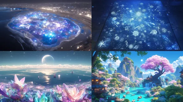 淡蓝色沙滩铺满五彩发光石头，远处小船，荧光海洋，月光与闪烁星星，超广角航拍，3d渲染，体积光，cg社会议题，生物荧光，虚幻引擎5，8k画质，极远景，俯视视角，星光倒影，魔幻光影，不真实引擎风格，色彩鲜艳，宁静神秘