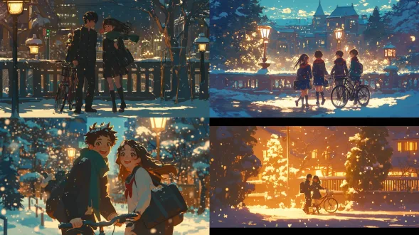 大雪纷飞，校服男女漫步校园，男生推着自行车，女生并肩而行，正面视角，雪花飘落，暖黄路灯照亮雪景，柔和光线，温暖色调，中焦镜头，校服整洁，微笑表情，轻松愉悦氛围，雪花细节，校园建筑背景，宁静浪漫。