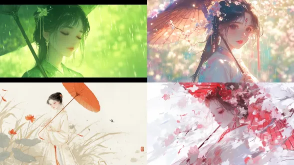 春雨细雨，新中式国潮风格，清明节海报，山水画背景，花鸟图案，淡彩渲染，留白构图，丝绸质感服饰，浅笑神情，传统发饰，和煦光线，柔和色调，诗意氛围，中国风情，春光明媚，唯美，50mm定焦镜头，逆光散射，浅景深，细腻笔触，青绿主调，温婉宁静。