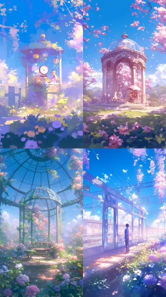 宫崎骏风格，多彩动漫背景，玻璃罩覆盖，花海，火车远景，晴朗天气，柔粉色调溢出，ai应用图标，2010年代动画截图，钟面元素，董其昌灵感，panasonic色彩，广角镜头，高饱和度，梦幻光影，自然光，细腻笔触，怀旧氛围，温暖情感，童话场景，动态构图，精致细节，清新空气感。