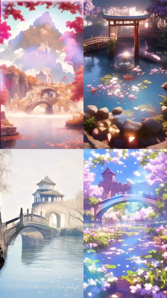 石拱桥横跨水面，樱花树环绕，远处山丘塔楼，近处心形岛，对角线构图，低饱和色调，长焦镜头，逆光，宁静浪漫，柔和光影，细腻纹理，远景层次感，粉白花瓣飘落，浅蓝水面倒影，静谧氛围，古典建筑风格，自然融合，淡雅色彩，情感温柔，诗意场景