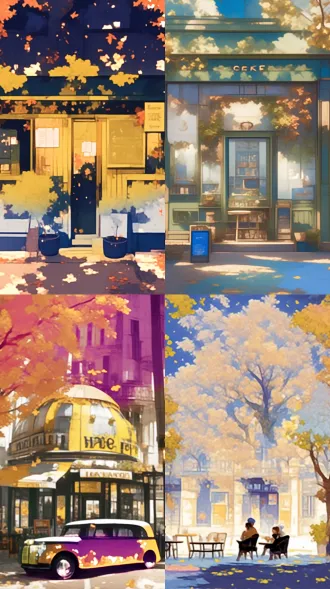 迷人巴黎咖啡馆，秋叶环绕，吉卜力风格与atey ghailan风格融合，建筑点缀金黄落叶，温暖氛围，精致树木，柔和淡彩，叶片纹理细腻，金色阳光洒落，日式动漫风格，水彩画质感，前门场景，优雅细节，温暖情感，广角镜头，自然光，柔和阴影，高饱和度，童话氛围。