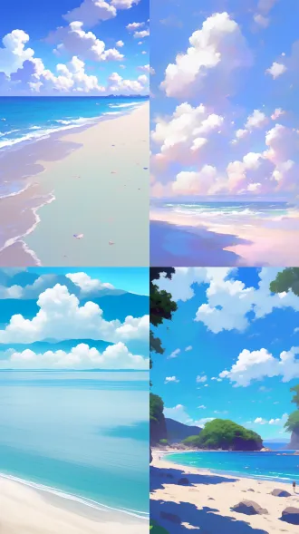 室外阳光明媚，蓝天大海无边，广阔视野，自然光线柔和，高饱和度色彩，远景镜头捕捉全景，顺光拍摄，海面平静无波，清新空气，蓝色调主导，宁静氛围，微风轻拂，白云点缀，水平线构图，细节清晰，温暖舒适，生机勃勃，海浪轻拍沙滩。