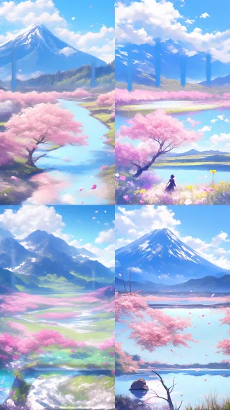 春天美景，全景视角，山脉层叠，河流蜿蜒，蓝天白云映照，阳光洒满湖边，花草缤纷，桃花树林繁茂，超清画质，真实细腻，治愈氛围，广角镜头，自然光线，高动态范围，柔和色调，宁静祥和，生机勃勃，细节丰富，全景深，温暖阳光，微风拂过，花瓣飘落，清澈水面倒影，远景层次分明。