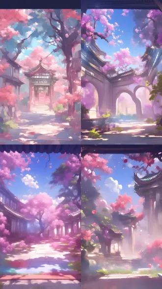 抬头仰望中式庭院，枝繁叶茂，天空布满粉色玉兰花，画面清新淡雅，高清细腻，柔和的色彩，宁静致远，意境优美，广角镜头，自然光，浅景深，淡粉色与绿色为主色调，静谧祥和。