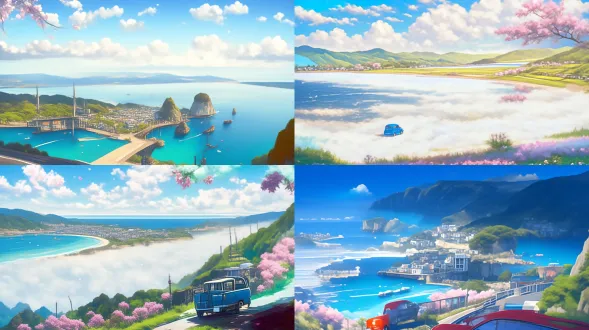 云边小镇远景，吉卜力风格，蓝色复古车背对我们，蜿蜒山路，连绵樱花，海滨小镇背景，碧蓝大海，白云，远山，散落房屋，晴朗天气，明亮阳光，宫崎骏风格，广角镜头，柔光，温暖色调，细腻笔触，童话氛围，宁静祥和，梦幻场景，高饱和度，清新色彩，微风吹拂，樱花飘落，怀旧感觉，低对比度，层次丰富，生机勃勃，自然和谐