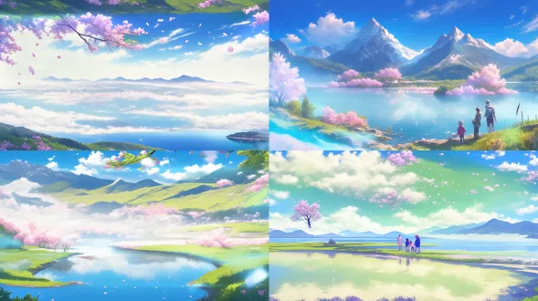 春天美景，山脉河流，蓝天白云，阳光湖畔，樱花树林，一家四口踏青，全景构图，超清画质，真实细腻，超逼真，治愈感，广角镜头，自然光，柔和色调，微风轻拂，花瓣飘落，欢乐互动，亲子温馨，远足装备，浅色春装，微笑表情，生动自然，生态和谐，高动态范围，细节丰富。