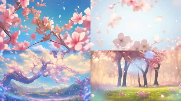 家庭庭院樱花林盛开，无边无际，花瓣随风飘舞，高清视觉盛宴，清新自然，仰视角度，柔光，浅景深，粉色调，微距镜头，丰富细节，柔和舒适，微风轻拂，花瓣飘落，温暖阳光，宁静氛围