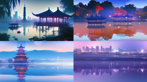 西湖夜景，8k分辨率，湖面倒影灯光，远处雷峰塔轮廓，柔和月光，长曝光，丝绸般水面，暖色灯光与冷色月光对比，三脚架固定，低iso，高动态范围，静谧氛围，桥梁点缀，柳树轻拂，细节丰富，城市天际线朦胧，慢门拍摄，色彩饱和，宁静致远。