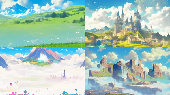 宫崎骏风格，23:16长宽比，巍峨城堡，葱绿山脉，缤纷花朵，翩翩蝴蝶，细腻线条，童话色彩，温暖阳光，高饱和度，柔和光影，广角镜头，远景构图，自然光效，梦幻氛围，微风吹拂，层次丰富，水彩质感，生动细节，宁静祥和
