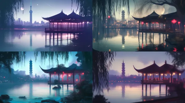 西湖夜景，8k分辨率，湖面倒影灯光，远处雷峰塔轮廓，柔和月光，长曝光，丝绸般水面，暖色灯光与冷色月光对比，三脚架固定，低iso，高动态范围，静谧氛围，桥梁点缀，柳树轻拂，细节丰富，城市天际线朦胧，慢门拍摄，色彩饱和，宁静致远。