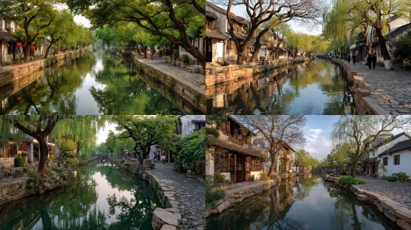 "苏州水巷，小桥流水，怀旧风情，春意宁静，蓝天白云，水面倒影，侧面视角，暖色调，慢门摄影，宁静氛围，古建筑，石板路，柔和光线，广角镜头，浅景深，微风拂柳，行人悠闲，传统服饰，恬淡笑容，水墨画风格。"