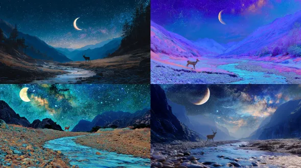 梦幻星空背景，弯月高悬，山川河流蜿蜒，小溪流淌，石子散落，梅花鹿优雅站立，中置构图，38mm定焦镜头，微距拍摄，冷色系，蓝色为主，色彩鲜艳，细节丰富，逆光效果，专业摄影全景，逼真梦幻，唯美景色，宁静氛围。