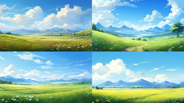 蓝天，空旷田野，远山和树木，两侧点缀少量花朵绿植草地，春天生机勃勃，色彩丰富明亮，竖构图，清新自然背景，梦幻插画风格，柔和光线，广角镜头，高饱和度，微风轻拂，花瓣飘落，温暖氛围，细腻笔触，童话感