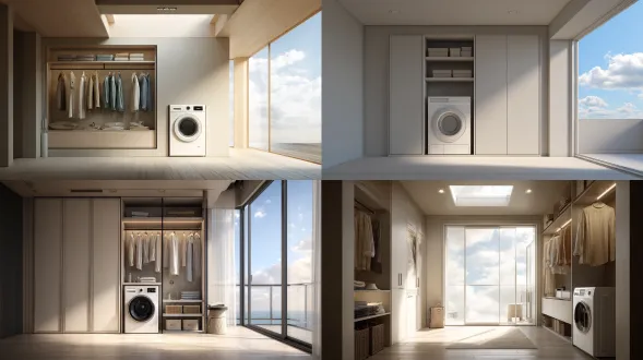 左侧嵌入式洗衣机，上方衣柜和天花板，右侧落地大窗，窗外天空，自然光线，柔和色调，中距离视角，4k分辨率，细腻纹理，宁静氛围，专注表情，流畅动作，对称构图，浅景深，柔和阴影，现代家居，极简风格，中性色系，舒适感，温暖阳光。
